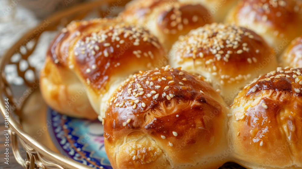 Beautifully plated mongolian buns with a golden-brown crust and sesame seed topping evoke the flavors of authentic traditional cuisine