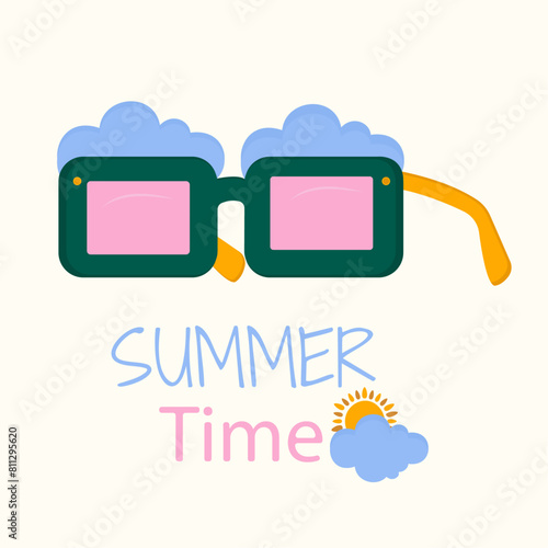 Flat Design Summer Time  Illustration with Sunglasses at Cloud,Sun (ID: 811295620)