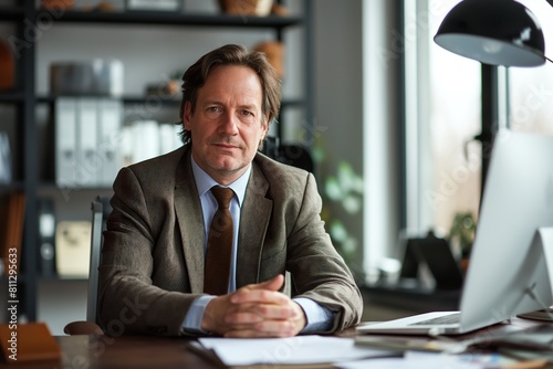 A tired professional businessman with brown hair sitting at a desk in front of a computer.