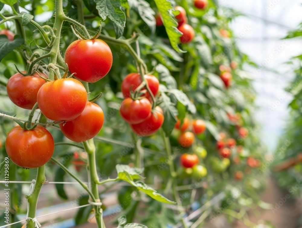 Ripe Tomatoes Hanging from Vines in a Productive Greenhouse Environment