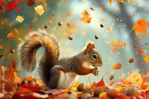 A squirrel nibbling on a nut surrounded by colorful autumn leaves in a seasonal setting, A playful squirrel gathering acorns beneath a canopy of changing leaves