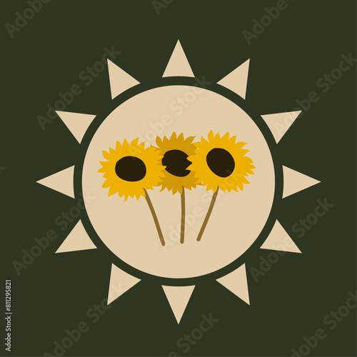 Flat Design Illustration with Sun at Sunflowers (ID: 811295821)