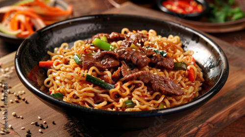 Authentic mongolian beef stir-fry with noodles, vegetables, and sesame seeds, served in a black bowl on a wooden table