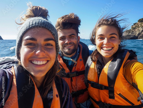 Friends wearing a life jacket enjoying a bright sunny day on a boat trip. photo