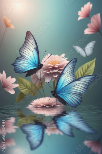 Dreamlike of a fluttering butterflys and flowers reflected in a still body of water.