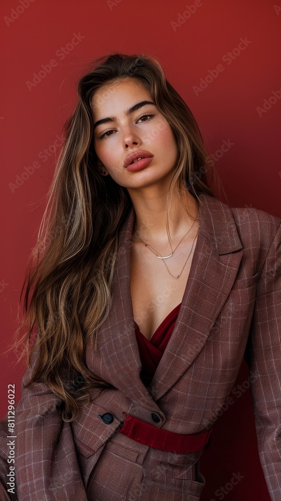 Sophisticated Woman Exuding Class and Elegance on a Deep Burgundy Backdrop