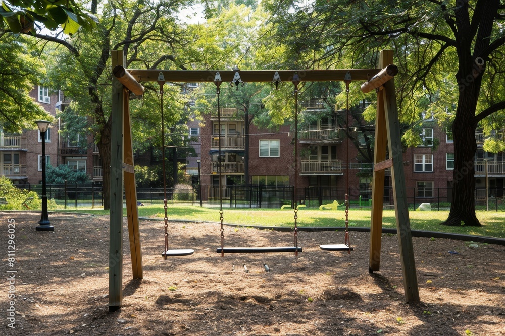 A swing set in the middle of a park with a jungle gym in the background, A playground with swings and a jungle gym