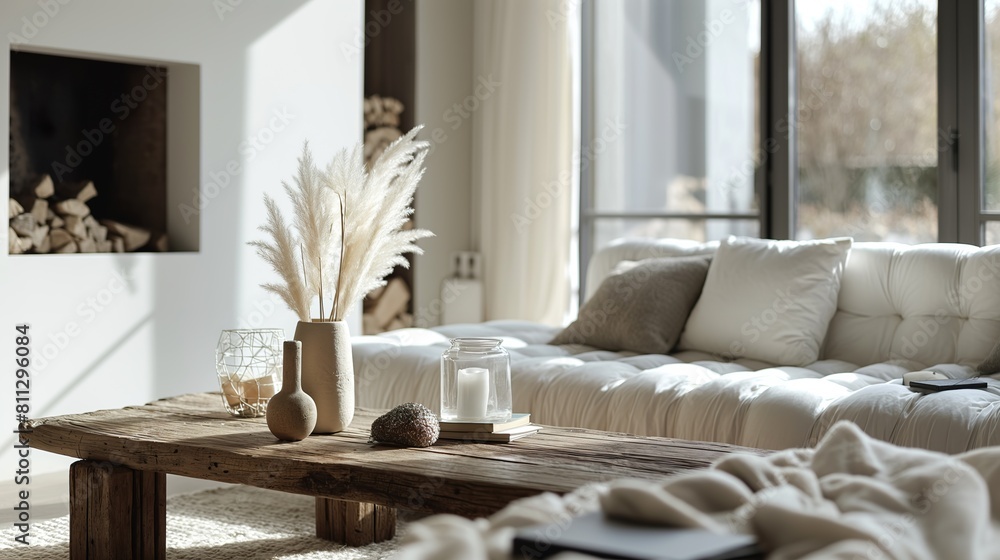 A living room filled with furniture including a rustic coffee table and white tufted sofa near a fireplace. A living room filled with furniture including a rustic coffee table and white tufted sofa near a fireplace.