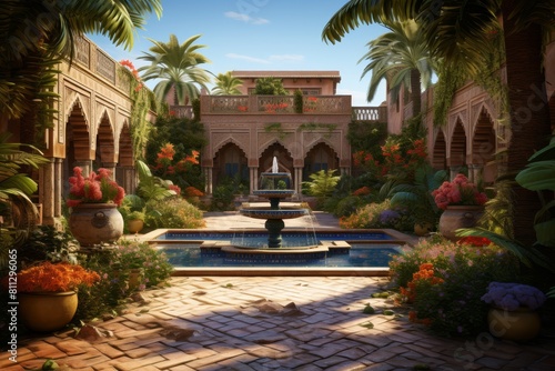 Tranquil courtyard with a fountain surrounded by exotic plants and flowers