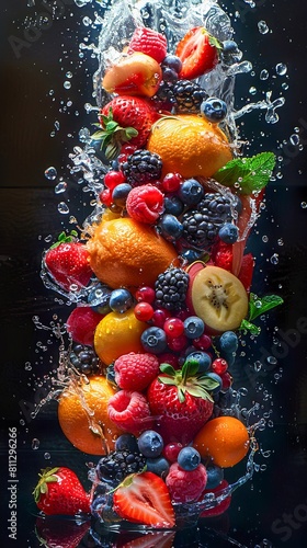 A bunch of fruit is being splashed with water.