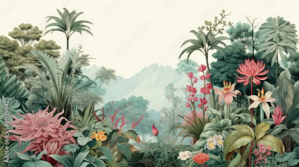 illustration of a lush botanical garden with colorful flowers and exotic plants illustration of a lush botanical garden with colorful flowers and exotic plants