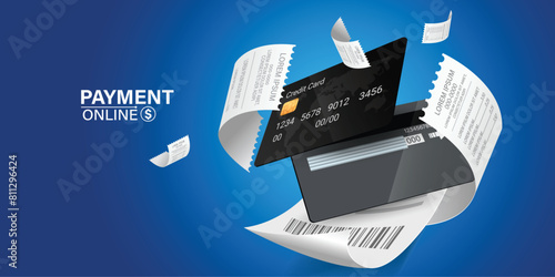 The bill is on the credit card. Pay shopping bills online Online shopping via smartphone Pay bills flatly Isometric vector illustrations of mobile payments, shopping, banking.receipt,confirmation