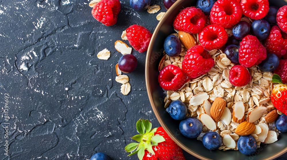 A bowl of oatmeal with berries and almonds. A bowl of oatmeal with berries and almonds.
