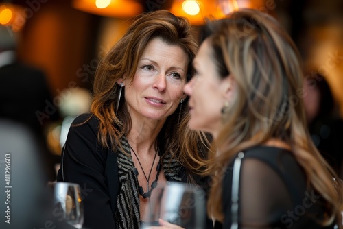 A couple of women are sitting next to each other at a table, engaged in a conversation and networking, A poised business woman networking at a corporate event