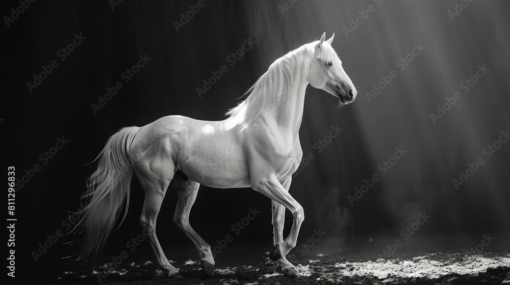 A White Horse in Monochrome Light. Generative AI A White Horse in Monochrome Light. Generative AI