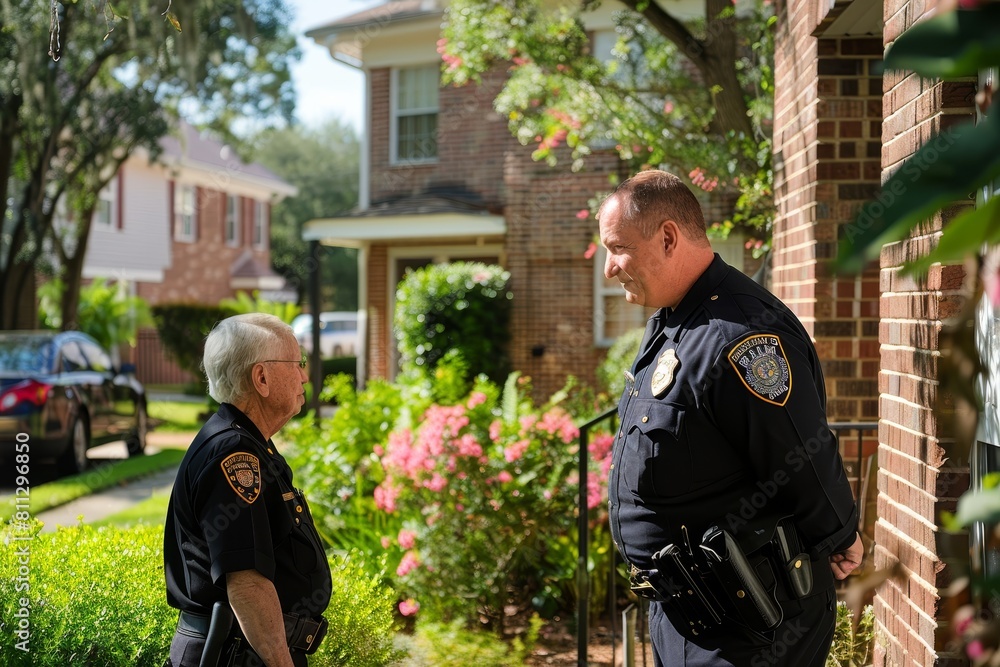 Two police officers are seen standing in front of a house, presumably conducting a welfare check or investigating a situation, A police officer checking in on an elderly resident Two police officers are seen standing in front of a house, presumably conducting a welfare check or investigating a situation, A police officer checking in on an elderly resident