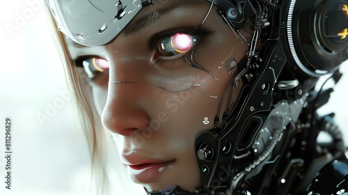 A beautiful young woman with glowing red eyes and a cybernetic face looks at the viewer with her head tilted at an angle.
