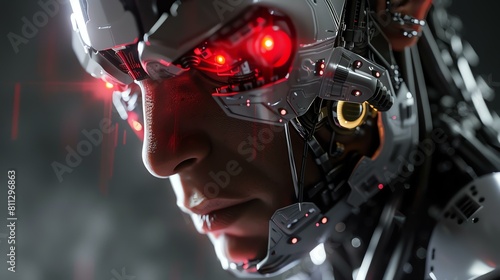 A close-up of a cyborg's face. The cyborg has red glowing eyes and a metallic face.