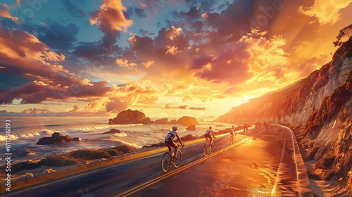 A group of cyclists ride along a coastal road at sunset. The sun is setting over the ocean, and the waves are crashing against the shore. © stocker
