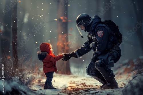 A police officer guides a young girl through the snow, presumably helping her find her parent, A police officer helping a lost child find their parents photo