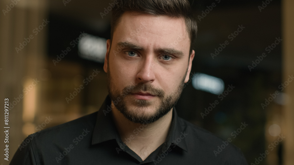 Close up male portrait Caucasian adult man serious businessman entrepreneur executive manager CEO male worker employer millennial salesman in office business company serious strong looking at camera Close up male portrait Caucasian adult man serious businessman entrepreneur executive manager CEO male worker employer millennial salesman in office business company serious strong looking at camera
