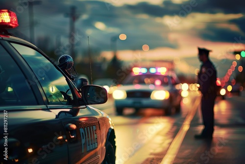 A police officer stands next to a marked police car during a traffic stop, A police officer making a traffic stop photo