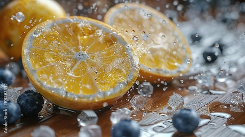   A close-up of a lemon and blueberries on a wooden table with water droplets © Olga