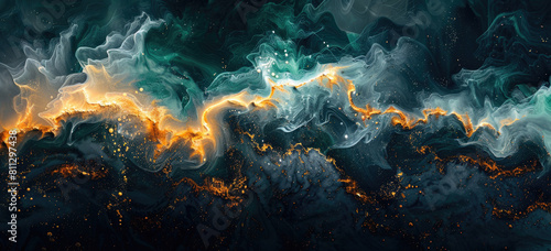 Captivating Abstract Artwork with Vivid Swirls of Green and Gold, Evoking the Intense Energy and Mysterious Beauty of a Supernatural Tempest in an Ethereal Landscape. Created with Ai