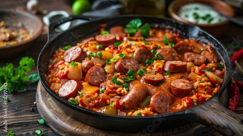 American cuisine. Jambalaya with smoked sausages and spicy tomato sauce.