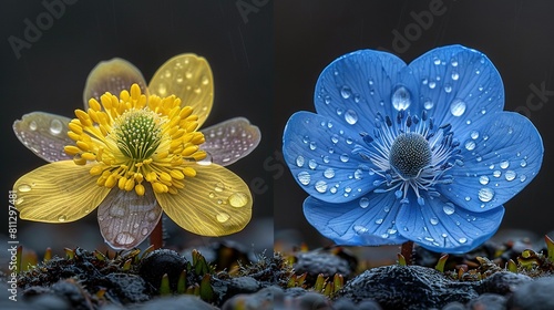   A blue flower and a yellow flower  each with droplets of water  seem suspended in mid-air