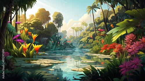 illustration of a lush botanical garden with colorful flowers and exotic plants