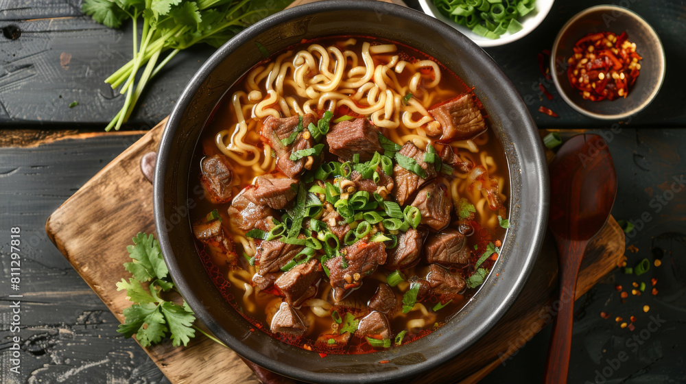 Savory mongolian beef noodle soup with green onion garnish, presented in a black bowl on a rustic wooden tabletop Savory mongolian beef noodle soup with green onion garnish, presented in a black bowl on a rustic wooden tabletop