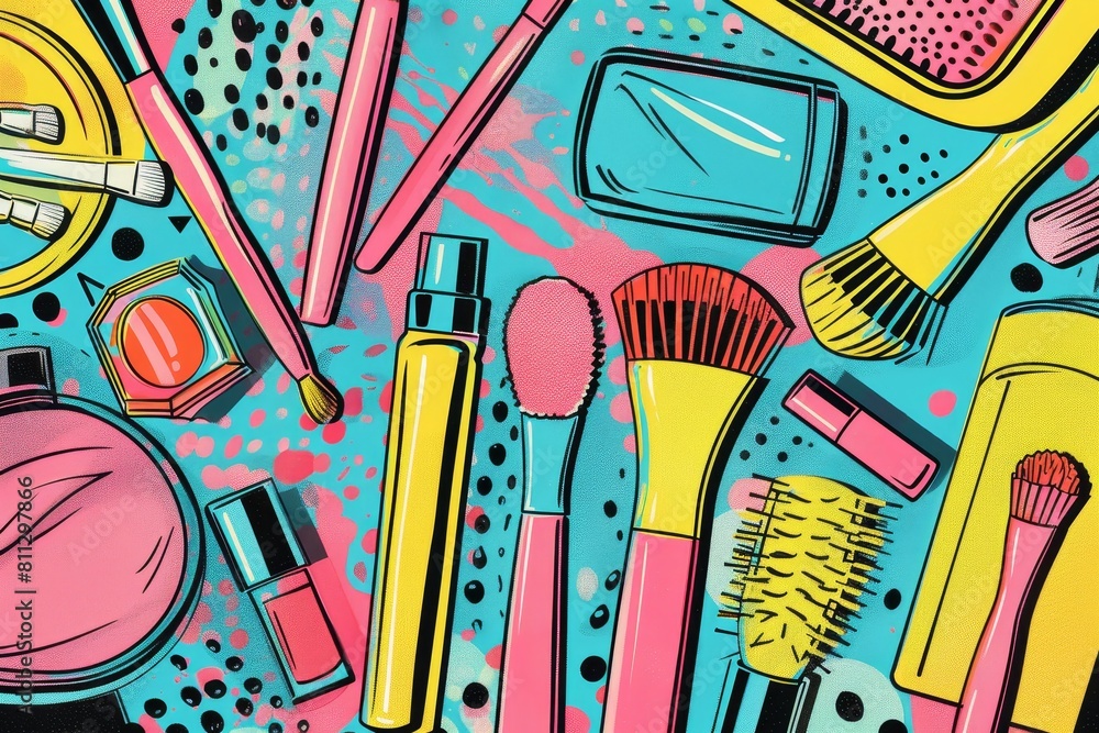 Pop artinspired painting featuring an array of makeup items including lipstick, eyeshadow, brushes, and nail polish, A pop art-inspired depiction of pedicure tools and products Pop artinspired painting featuring an array of makeup items including lipstick, eyeshadow, brushes, and nail polish, A pop art-inspired depiction of pedicure tools and products