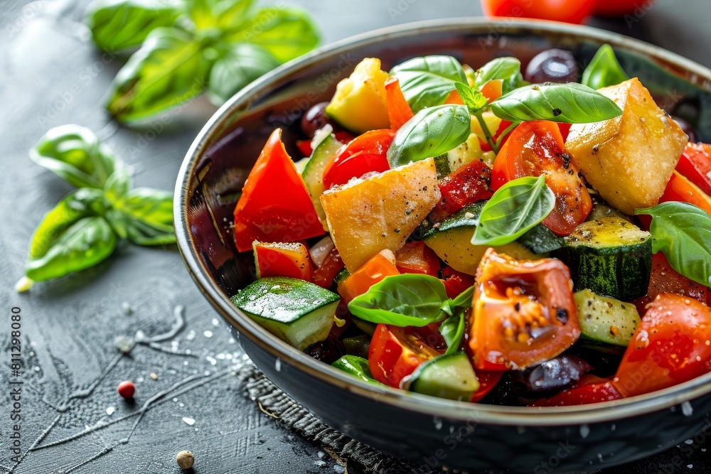 A bowl filled with assorted vegetables sits atop a wooden table, A popular choice for lunch or dinner, offering a filling and satisfying meal option