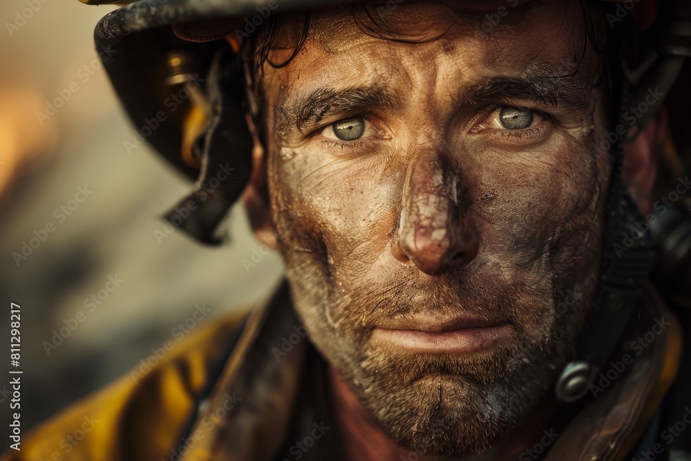 A close-up view of a firefighter wearing a protective helmet, showcasing readiness and commitment, A portrait of a firefighter with a strong and determined expression on their face