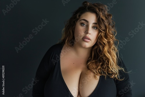 A woman confidently poses for a picture, highlighting her big breasts, A portrait of a confident woman with curves