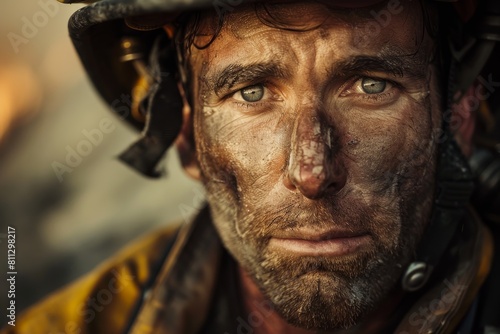 A close-up view of a firefighter wearing a protective helmet, showcasing readiness and commitment, A portrait of a firefighter with a strong and determined expression on their face © Iftikhar alam