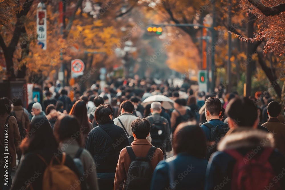Scenic autumnal view of a crowded street with many people and colorful fallen leaves