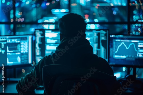 A focused programmer at work in a high-tech control room illuminated by screens displaying data and graphs