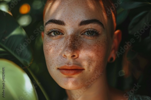 A woman with freckles on her face looking directly at the camera  A portrait of a person with piercing eyes and a subtle smile