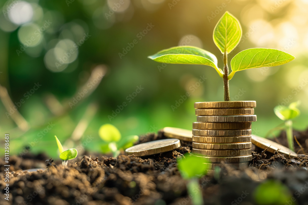 Young plant sprouting from a stack of golden coins in fertile soil, illustrating financial growth and investment Young plant sprouting from a stack of golden coins in fertile soil, illustrating financial growth and investment