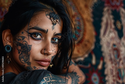 A woman with intricate tattoos and piercings on her face, A portrait of a woman with striking facial tattoos and a mysterious allure photo