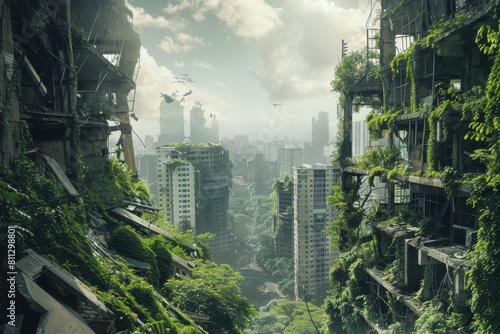 Tall Buildings Surrounded by Greenery in a Postapocalyptic City  A post-apocalyptic city skyline  with crumbling buildings and overgrown vegetation reclaiming the urban landscape
