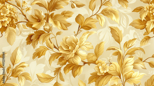 Create a luxurious wallpaper pattern with gold leaf on a cream background