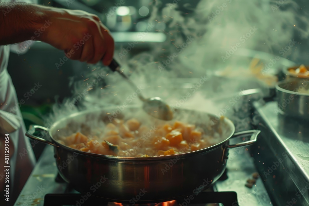 A person stirring food in a pot on a stove, steam rising from the pot, A pot filled with steam rises as the chef stirs a bubbling sauce on the stove A person stirring food in a pot on a stove, steam rising from the pot, A pot filled with steam rises as the chef stirs a bubbling sauce on the stove
