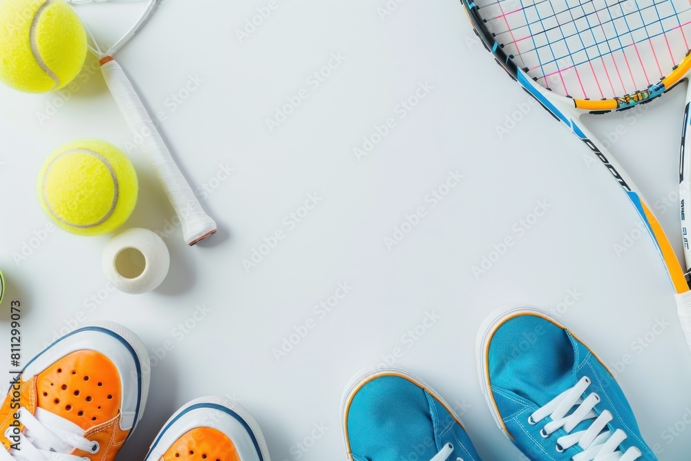 A tennis racket, tennis balls, and a pair of shoes are on a white background with copy space A tennis racket, tennis balls, and a pair of shoes are on a white background with copy space
