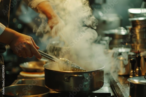 A person stirring food in a pot on top of a stove  with steam rising from the pot  A pot filled with steam rises as the chef stirs a bubbling sauce on the stove