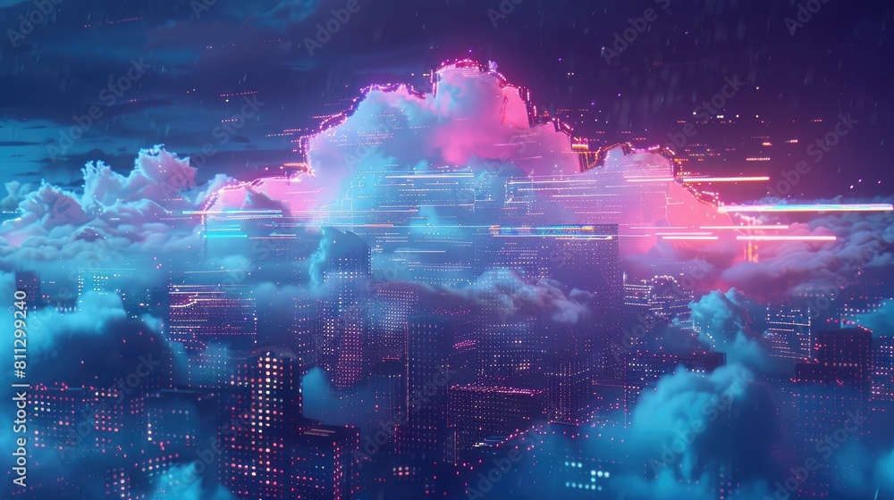cloud computing concept with buildings and a neon sky. technology cloud illustration digital background design concept. abstract motion of digital data flow realistic
