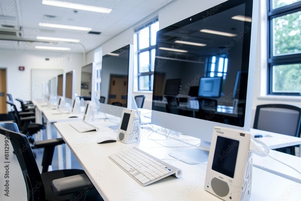 Multiple desktop computers lined up neatly on a white desk in a pristine learning environment, A pristine learning environment with white computer screens and keyboards Multiple desktop computers lined up neatly on a white desk in a pristine learning environment, A pristine learning environment with white computer screens and keyboards