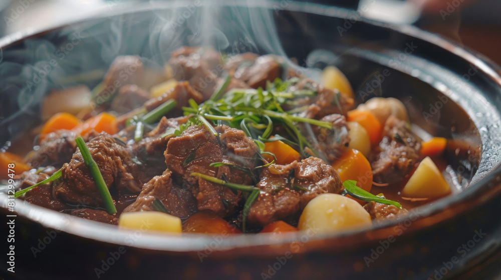 Savory mongolian beef stew with tender meat, potatoes, carrots, and herbs, presented in a steaming bowl Savory mongolian beef stew with tender meat, potatoes, carrots, and herbs, presented in a steaming bowl